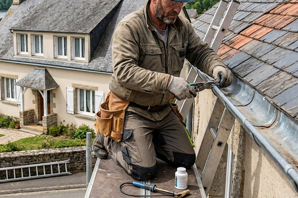 Artisan zingueur ajustant et soudant une gouttière en zinc depuis une plateforme de travail