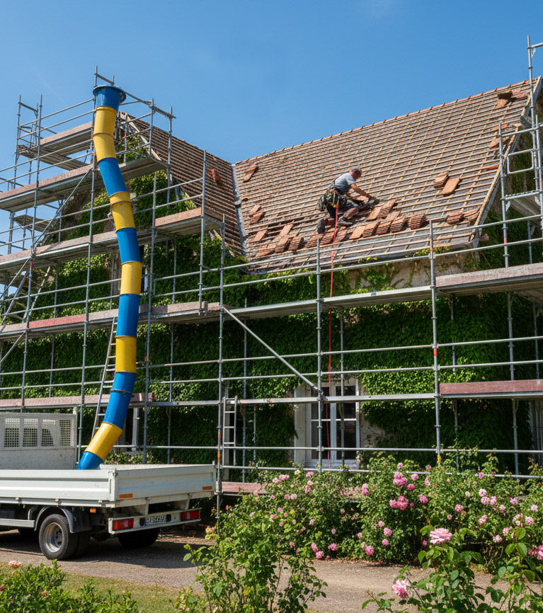 Chantier de rénovation de toiture avec échafaudage et pose de tuiles